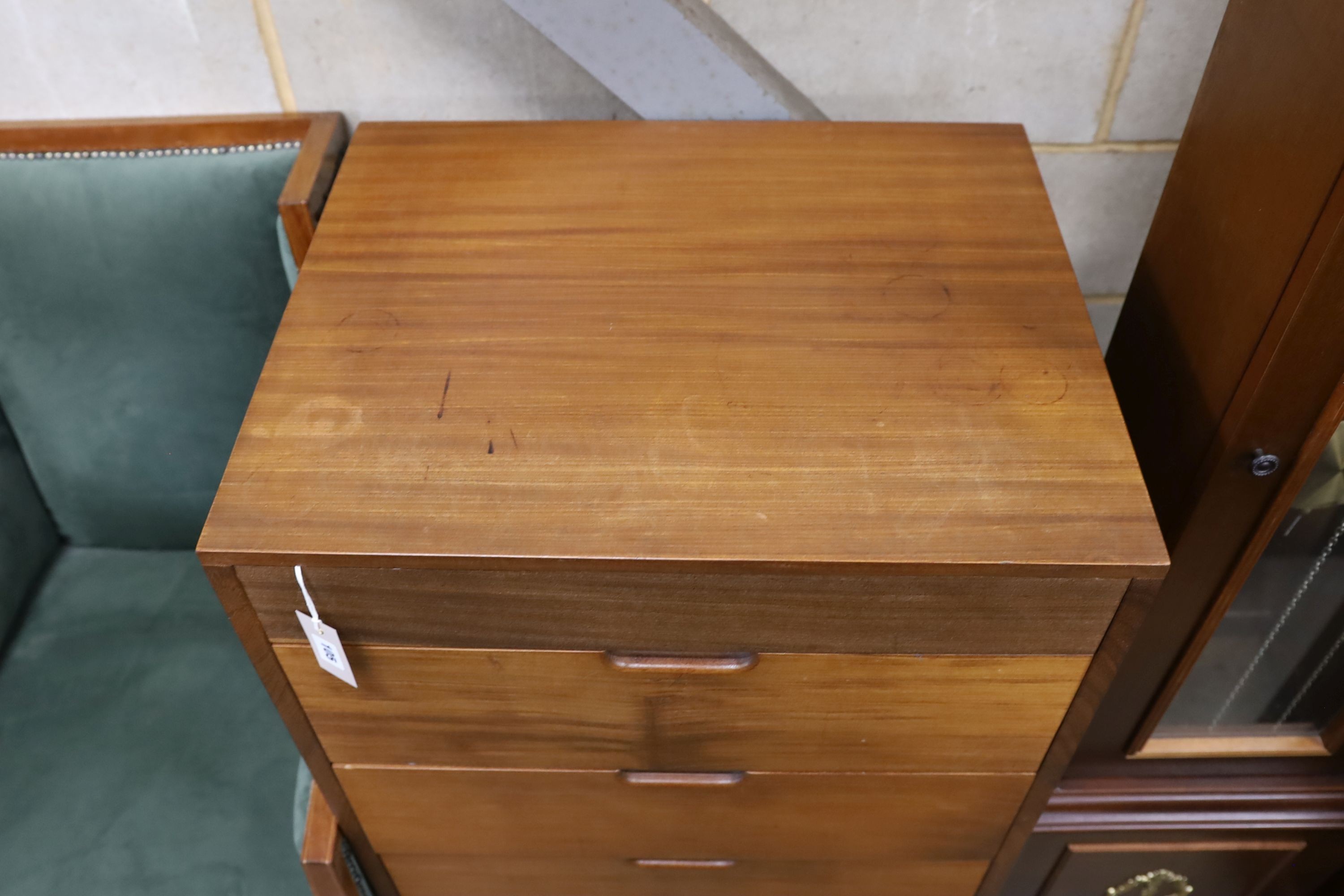 A mid century design teak five drawer chest, width 62cm, depth 51cm, height 108cm